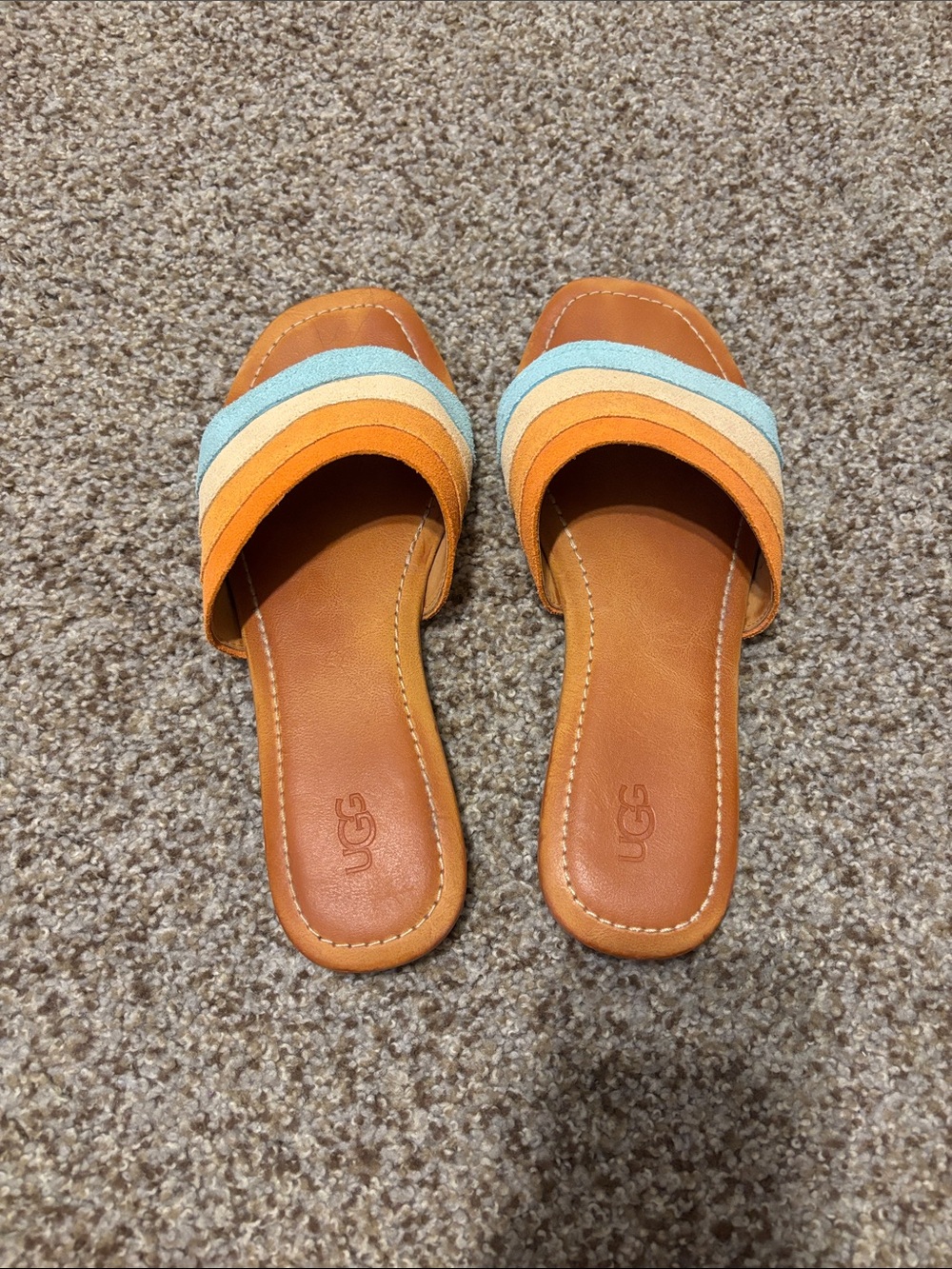 UGG Ximena Sandal, size 8.5 (Orange and Light Blue Striped Slide Sandals)